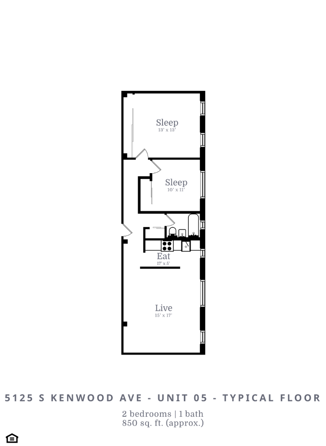 Floor plan for 2 beds, 1 bath, 850 sqft